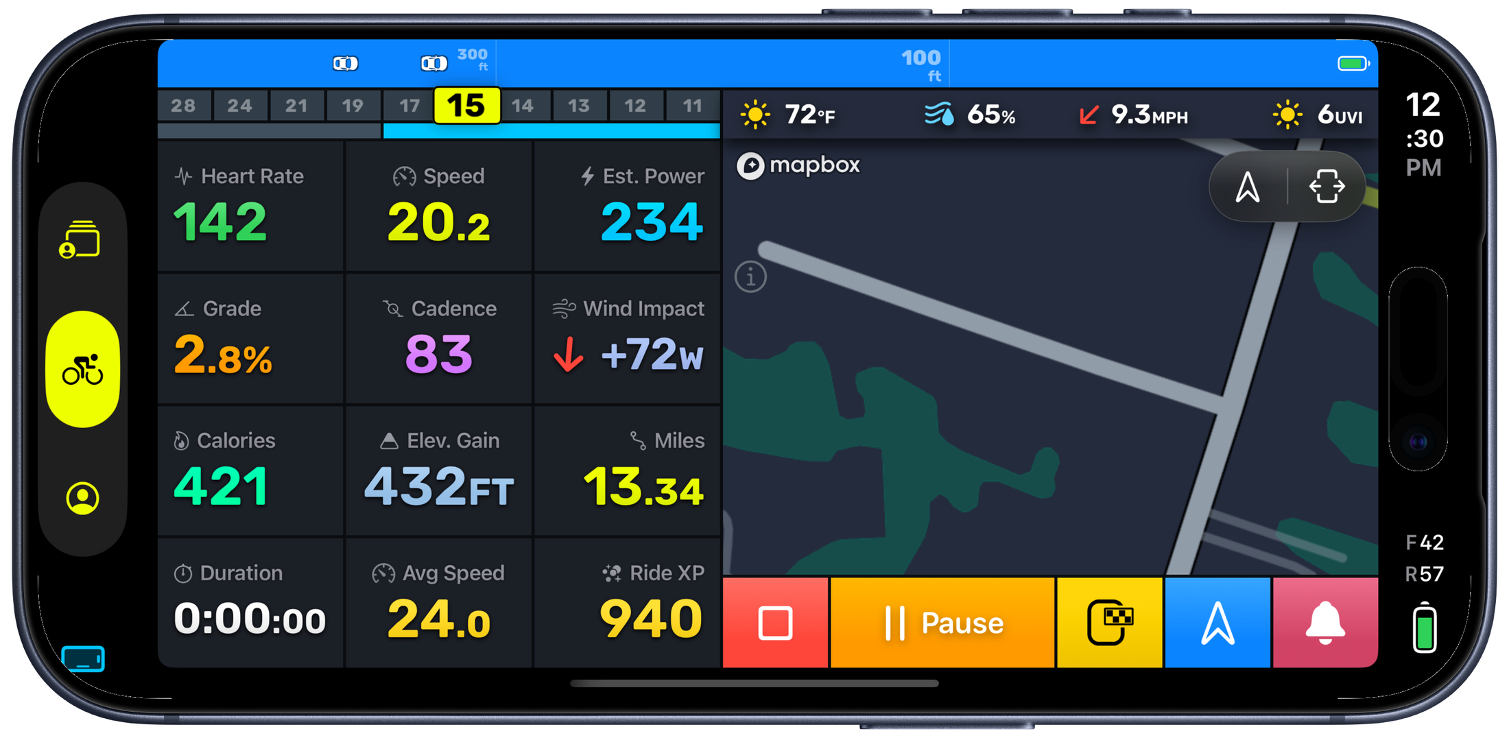 Bike IQ ride screen showing Est. Power at 234 watts — estimated from physics without a hardware power meter