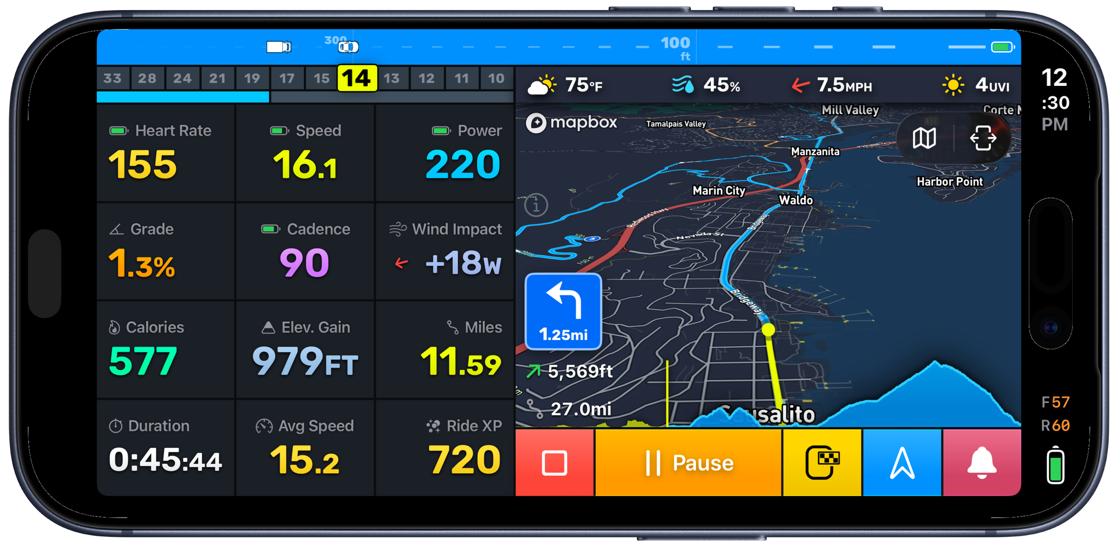Bike IQ turn-by-turn navigation showing route polyline, turn instruction banner, and live ride metrics