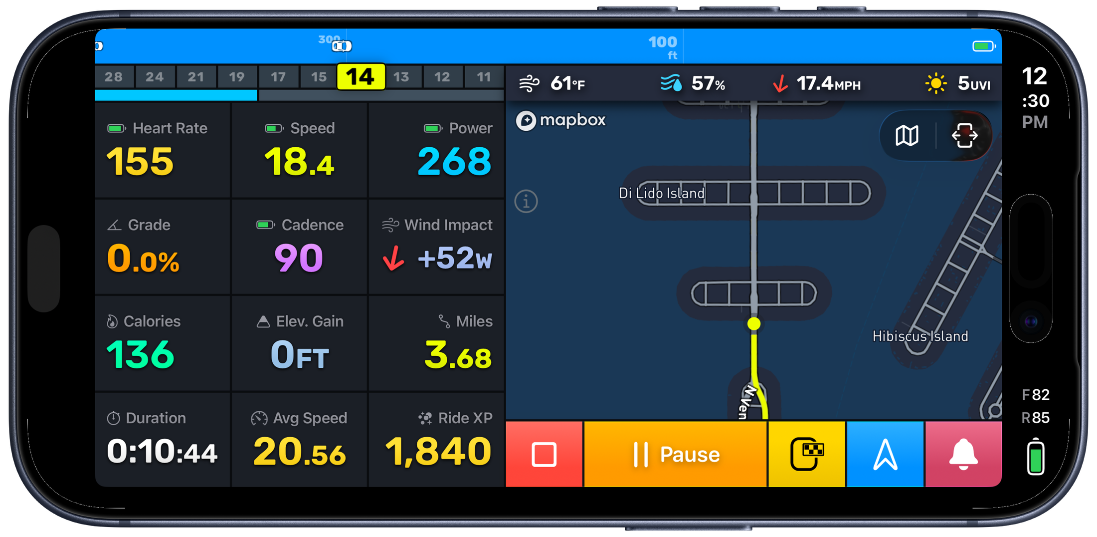 Bike IQ ride screen showing 52W headwind impact, 28 km/h wind speed, and adjusted power output during a windy ride