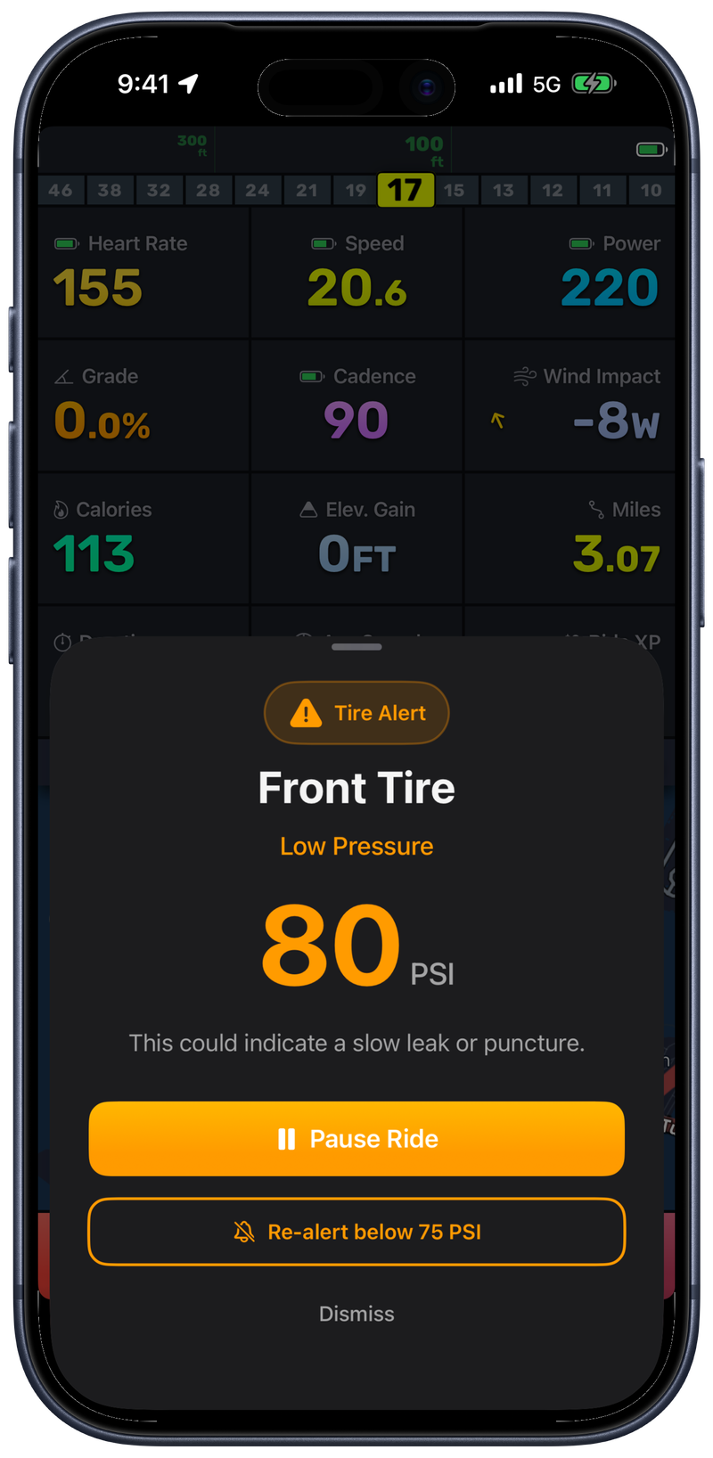 Bike IQ low tire pressure alert showing front tire at 38 PSI with pressure details