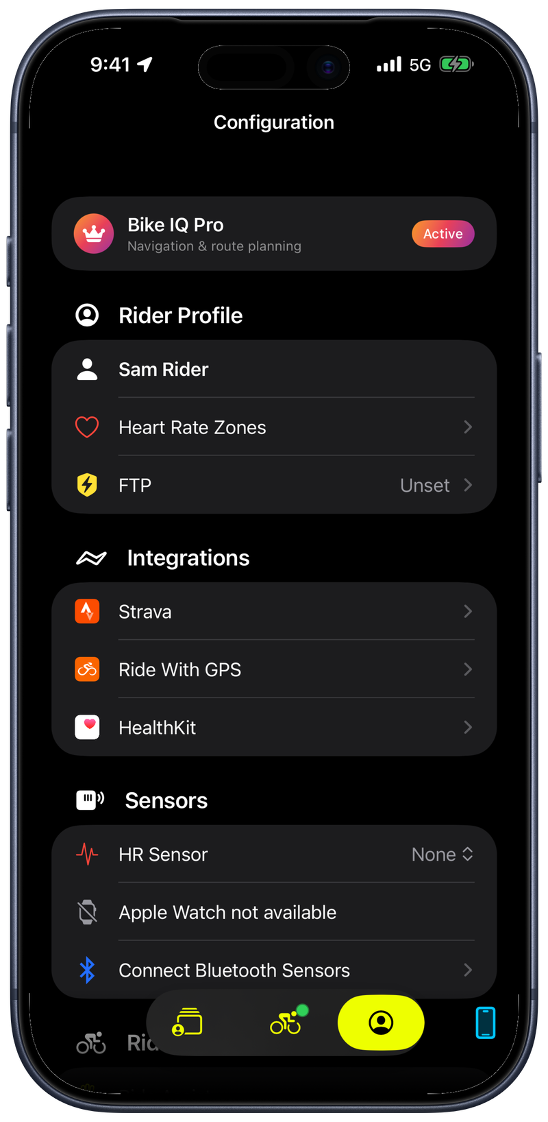 Bike IQ settings screen showing rider profile, integrations, sensors, and ride settings